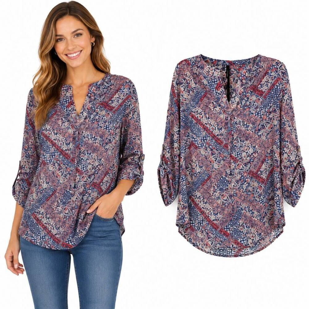 Maurices Boho Paisley Roll Tab Blouse Medium